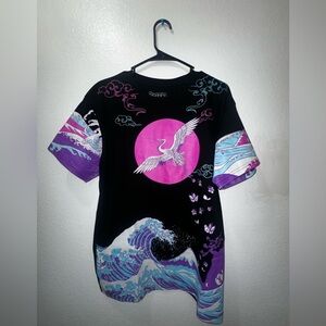 Black Graphic Tee with Purple and Blue Crane Design
